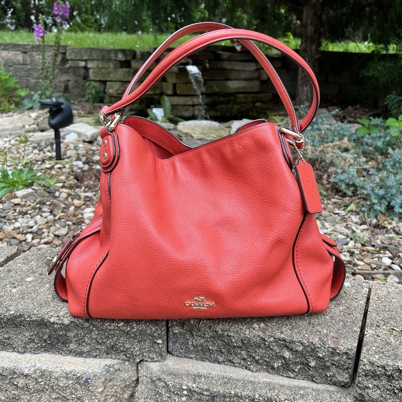COACH HOBO Edie 31 Pebble Leather Shoulder Bag Vermillion Red Purse Tote F36675 - Picture 1 of 16
